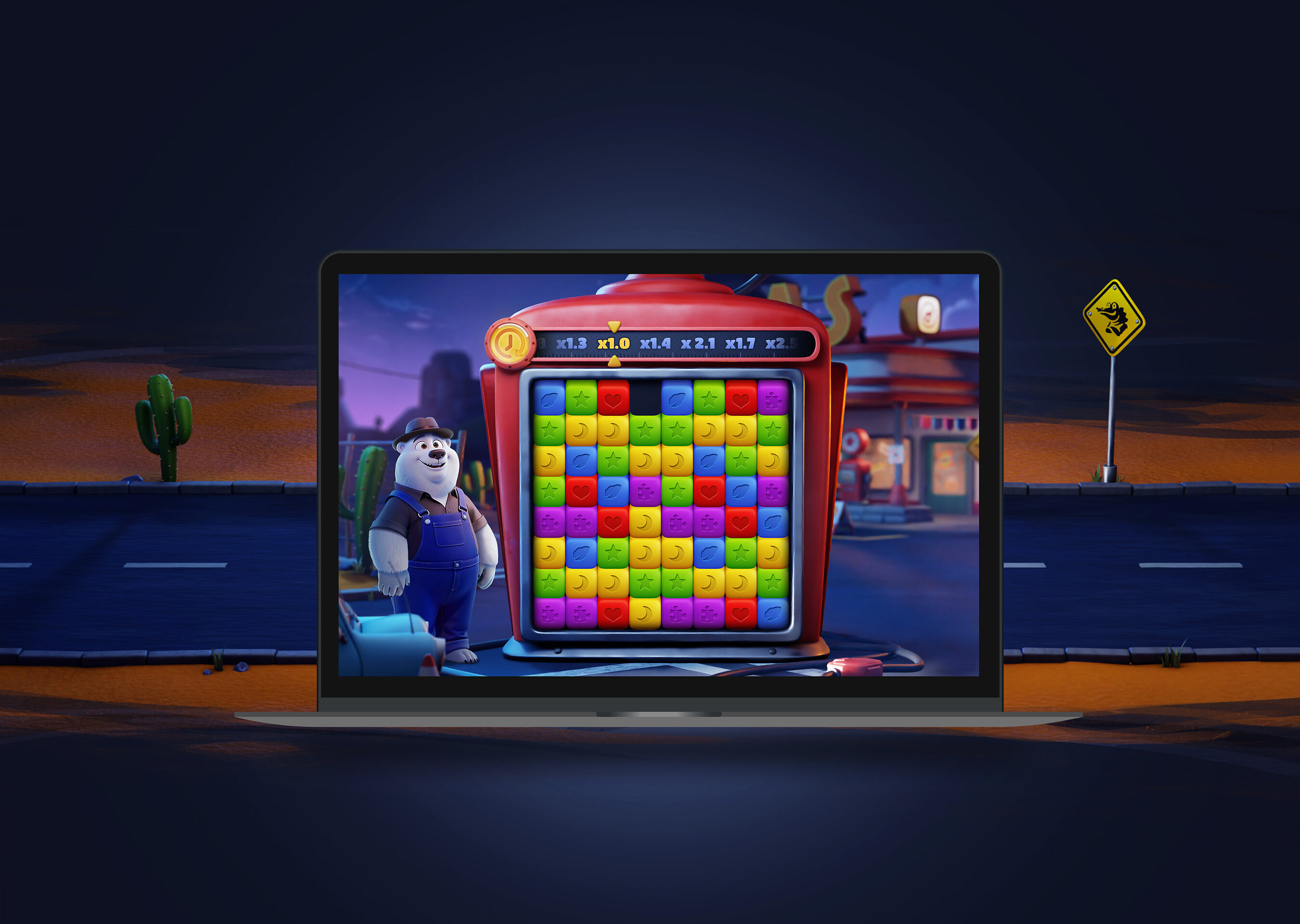 Official Bear Blast game preview displayed on a laptop, with a multicoloured cluster grid and a white bear beside the game.