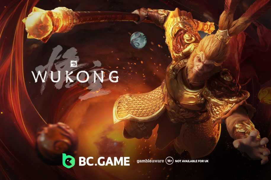 Wukong game artwork showing the Monkey King with his staff, alongside the BC.GAME logo and an 18-plus notice.
