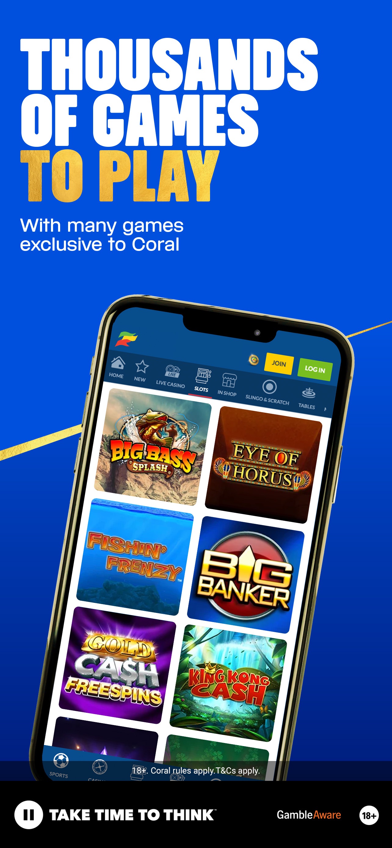Official Coral Casino App Store preview showing the mobile game lobby in a phone mockup.
