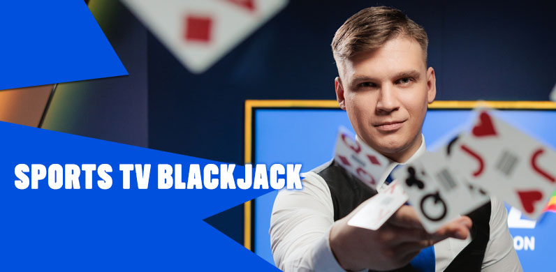 Official Sports TV Blackjack lobby artwork showing a dealer holding cards.