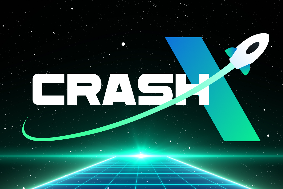 Turbo Games' Crash X logo and rocket over a green neon grid and black star field.