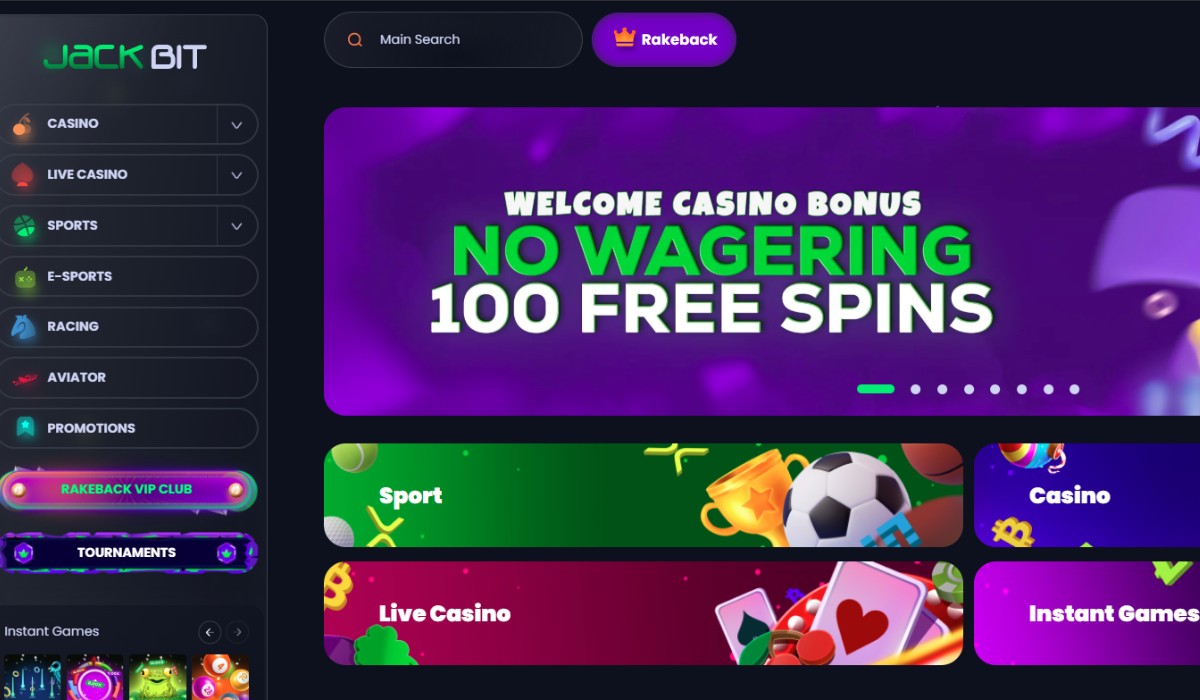 Historical Jackbit homepage with purple styling and casino, live casino, sports and instant-games categories.
