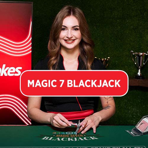 Official Magic 7 Blackjack lobby artwork, showing a dealer at a green blackjack table in a Ladbrokes studio.