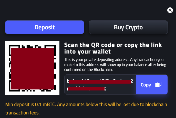 mBit deposit dialog with publisher-redacted QR code and wallet address.