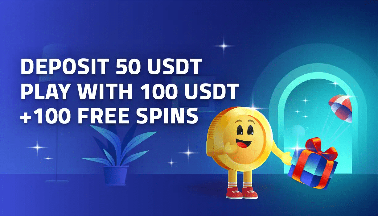 Official mBit banner advertising a 50 USDT deposit and 100 free spins.