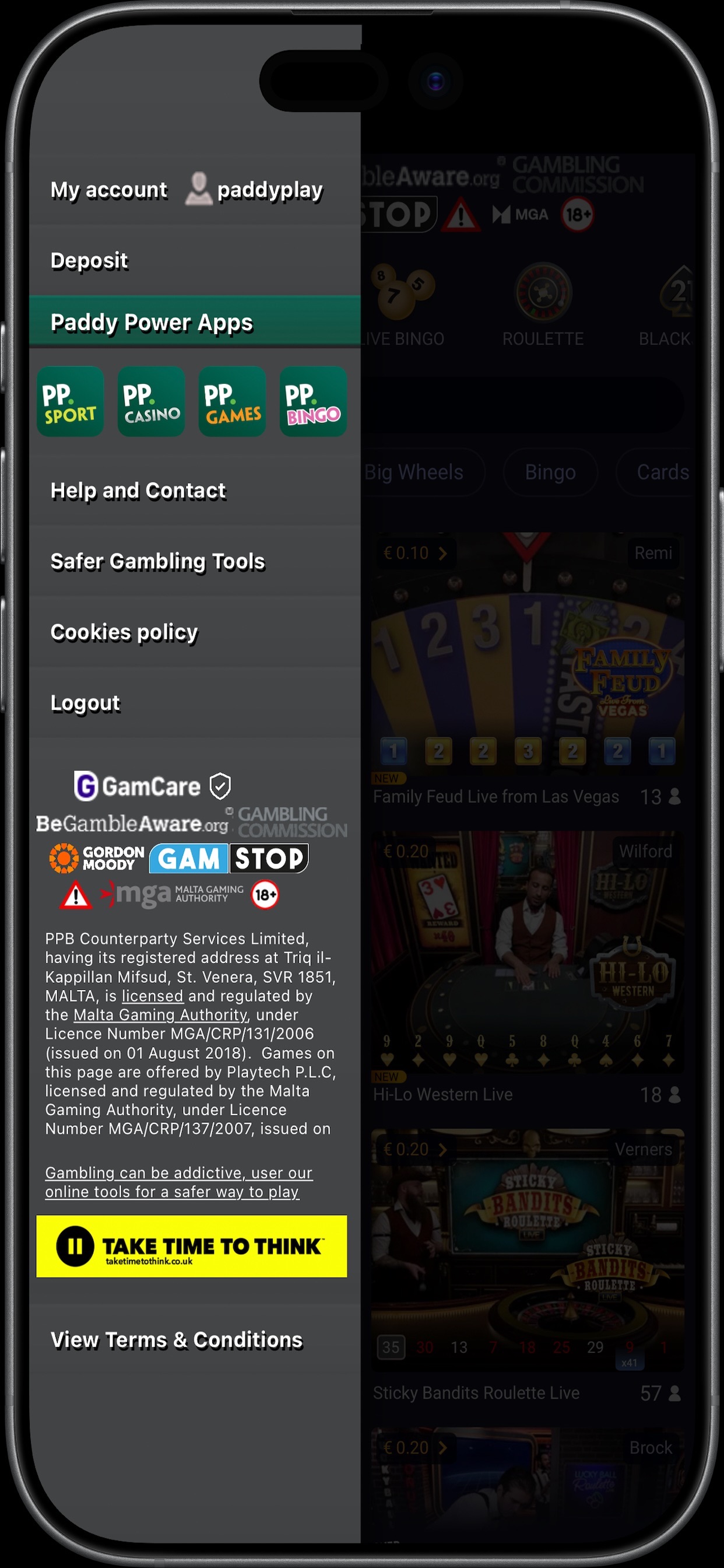 Paddy Power Live Casino publisher preview showing the account menu, Help and Contact, Safer Gambling Tools and the intact responsible-gambling footer.