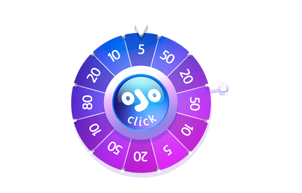 Official OJO Wheel illustration with numbered prize segments and a central OJO button.