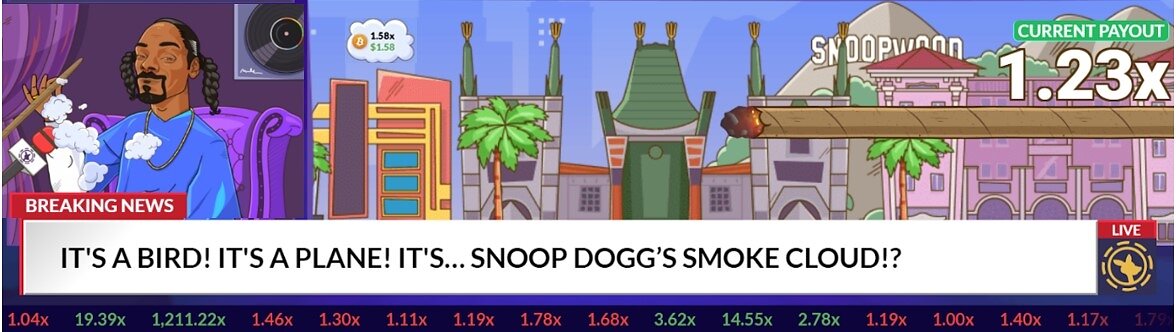 Roobet-supplied Snoop's HotBox gameplay image with an animated Snoop Dogg, a multiplier display and a breaking-news style game banner.