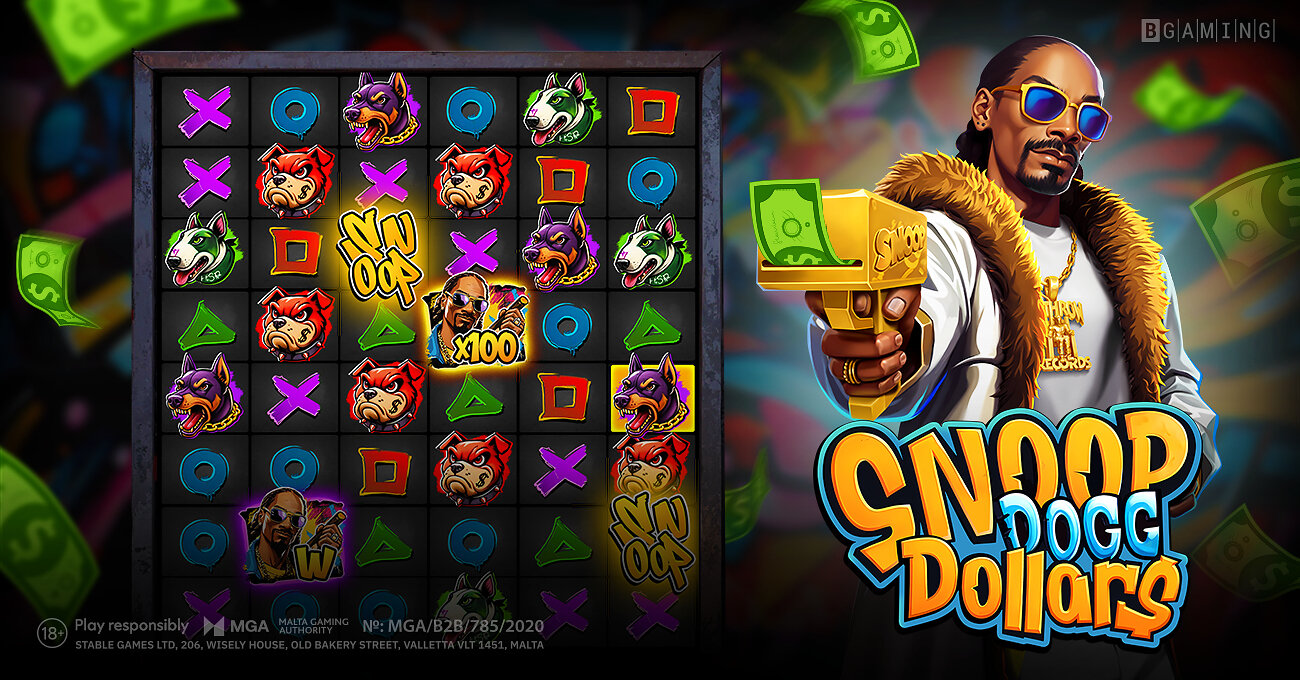 BGaming Snoop Dogg Dollars game artwork with a cluster grid, Snoop Dogg illustration, BGaming mark and responsible-play notice.