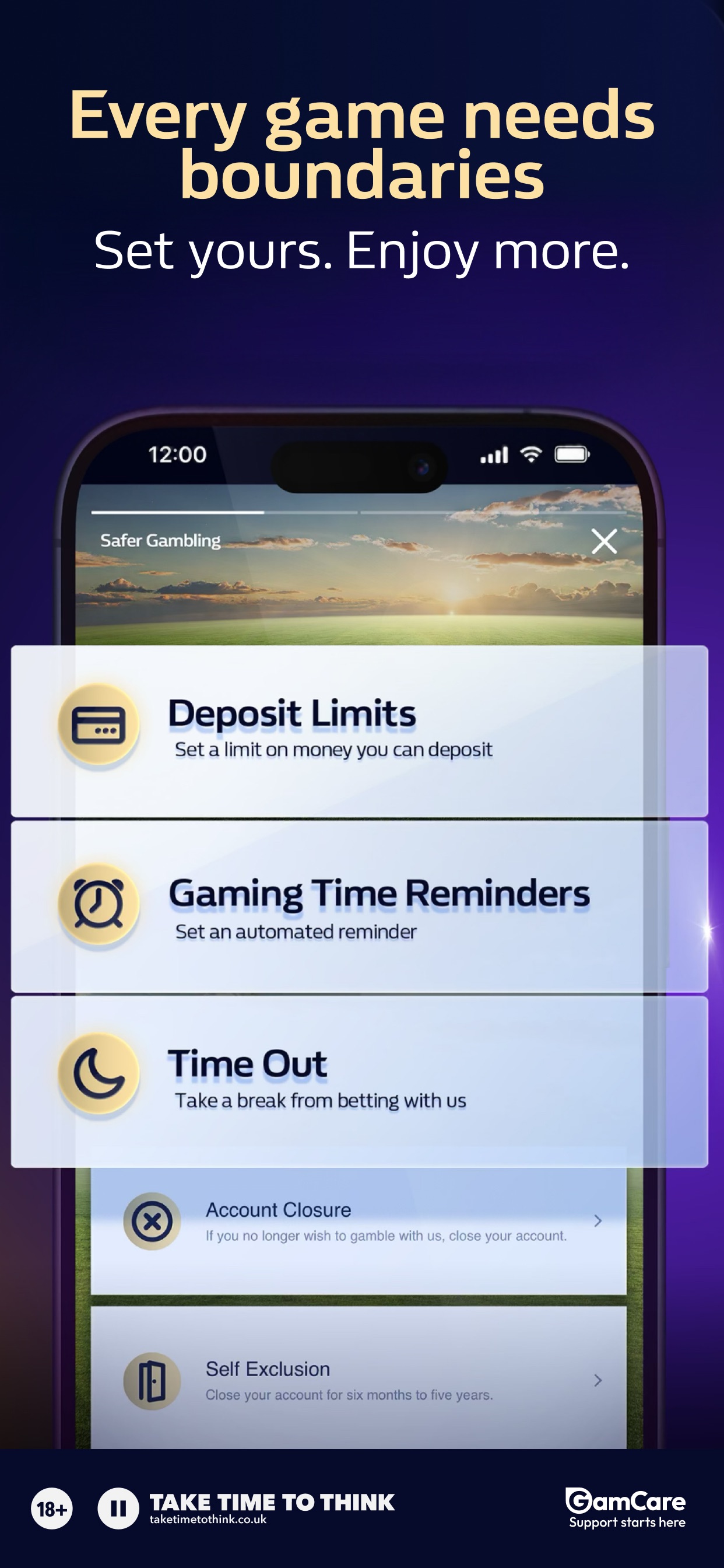 William Hill Vegas publisher preview showing deposit limits, gaming time reminders, time out, account closure and self-exclusion controls.