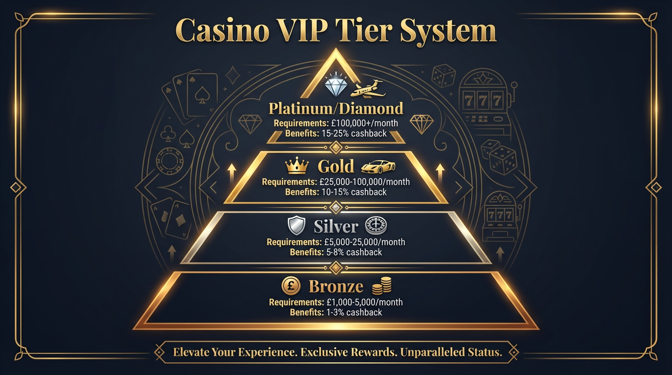 Casino VIP Tier System Infographic showing Bronze, Silver, Gold, and Platinum/Diamond levels with corresponding cashback percentages